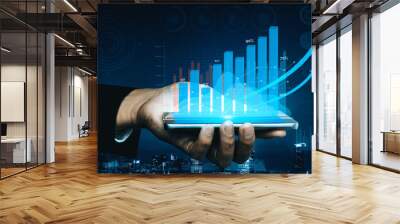 Double Exposure Image of Business and Finance - Businessman with report chart up forward to financial profit growth of stock market investment. uds Wall mural