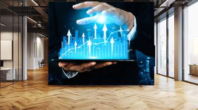 Double Exposure Image of Business and Finance - Businessman with report chart up forward to financial profit growth of stock market investment. uds Wall mural