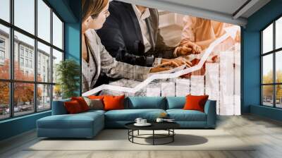 Double Exposure Image of Business and Finance - Businessman with report chart up forward to financial profit growth of stock market investment. uds Wall mural