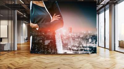 Double Exposure Image of Business Person on modern city background. Future business and communication technology concept. Surreal futuristic cityscape and abstract multiple exposure interface. uds Wall mural