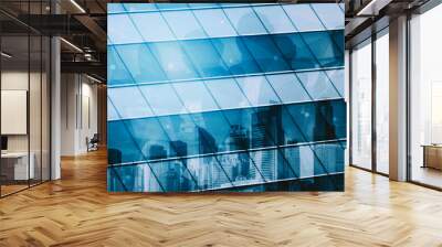 Double exposure image of faded business abstract background with office building and people conference group meeting showing partnership success of business deal. uds Wall mural