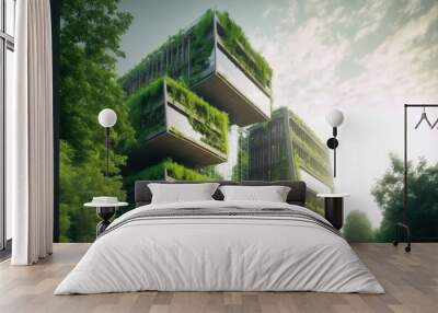 Eco friendly green building with vertical garden in modern city for sustainable clean environment. Peculiar AI generative image. Wall mural