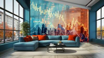 Economic crisis concept shown by declining graphs and digital indicators overlap modernistic city background. Double exposure. Wall mural