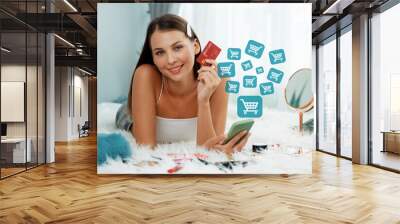 Elegant customer wearing white tank top holding credit card typing phone choosing online platform. Smart consumer opening e-commerce application use cashless technology shopping inventory. Cybercash. Wall mural