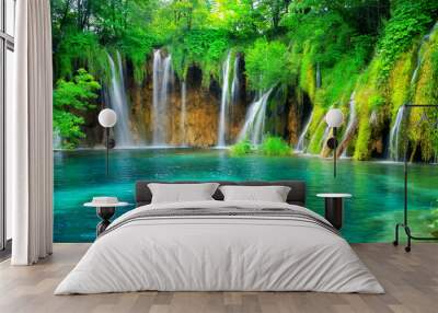 Exotic waterfall and lake landscape of Plitvice Lakes National Park, UNESCO natural world heritage and famous travel destination of Croatia. The lakes are located in central Croatia (Croatia proper). Wall mural