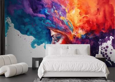 Explosion of colors out of an artist in concept of creative and art inspiration. Element of blending mixed watercolor technique. Finest generative AI. Wall mural