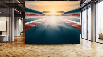 F1 race track circuit road with motion blur and grandstand stadium for Formula One racing Wall mural