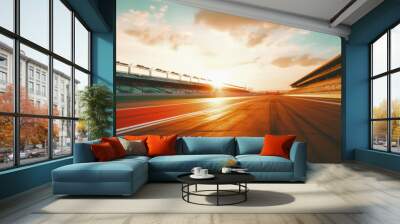 F1 race track circuit road with motion blur and grandstand stadium for Formula One racing Wall mural