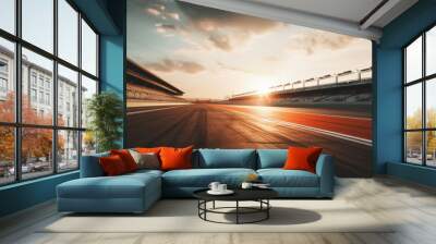 F1 race track circuit road with motion blur and grandstand stadium for Formula One racing Wall mural