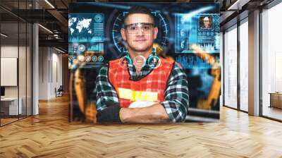 Facial recognition technology for industry worker to access machine control . Future concept interface showing digital biometric security system that analyze human face to verify personal data . Wall mural