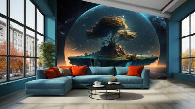 Fantasy fairytale sphere island floating in universe of night sky. superlative generative AI image. Wall mural