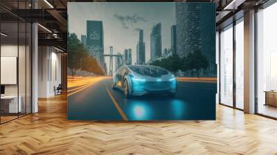 Fast electric car with luxury futuristic autonomous sensor software driving on road in downtown city center against skyscrapers in background . Sublime Generative AI image . Wall mural