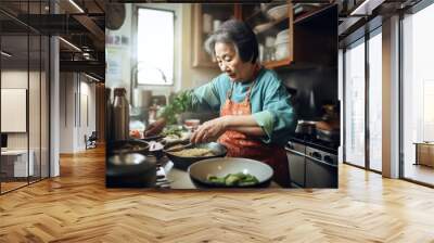 Female Asian senior cooking in kitchen apron chef attire. Generative AI AIG23. Wall mural