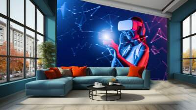 Female standing in cyberpunk neon light wear white VR headset and tank top connecting metaverse, future cyberspace community technology, She using finger touch virtual reality object. Hallucination. Wall mural