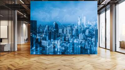 Financial graphs and digital indicators overlap with modernistic urban area, skyscrabber for stock market business concept. Double exposure. Wall mural