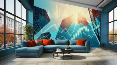 Financial graphs and digital indicators overlap with modernistic urban area, skyscrabber for stock market business concept. Double exposure. Wall mural