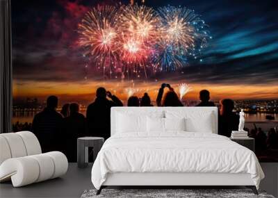 Firework explosion in the night sky celebrating happy new year 2024 . National firework shooting in the beautiful sky for a new year day of year 2024 . Wall mural