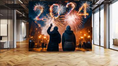 Firework explosion in the night sky celebrating happy new year 2024 . National firework shooting in the beautiful sky for a new year day of year 2024 . Wall mural