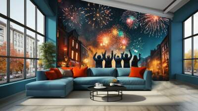 Firework explosion in the night sky celebrating happy new year 2024 . National firework shooting in the beautiful sky for a new year day of year 2024 . Wall mural