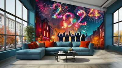 Firework explosion in the night sky celebrating happy new year 2024 . National firework shooting in the beautiful sky for a new year day of year 2024 . Wall mural