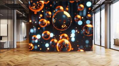 Floating orange and black bubbles on a dark background. Abstract digital art of orange bubble or sphere floating in the air with separated black background. Technology and futuristic concept. AIG53F. Wall mural