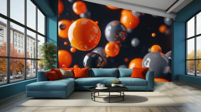 Floating orange and black bubbles on a dark background. Abstract digital art of orange bubble or sphere floating in the air with separated black background. Technology and futuristic concept. AIG53F. Wall mural