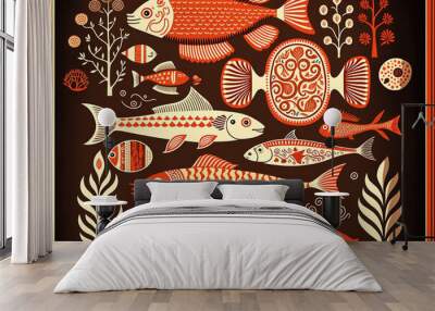 Folk art design of fish pattern wallpaper, red color theme . Sublime Generative AI image . Wall mural