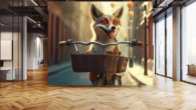 fox have fun bicycle ride on sunshine day in summer on town street Generative AI Wall mural