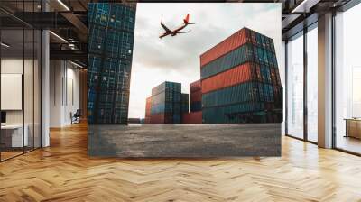 Freight airplane flying above overseas shipping container . Logistics supply chain management and international goods export concept . Wall mural