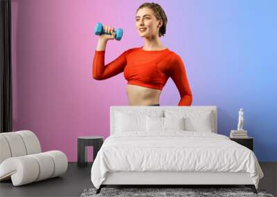 Full body length gaiety shot athletic and sporty woman with dumbbell for weight lifting as bodybuilding exercise in standing posture on isolated background. Healthy active and body care lifestyle Wall mural