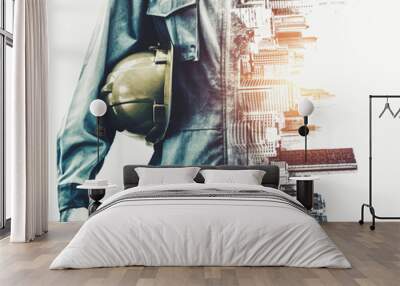 Future building construction engineering project concept with double exposure graphic design. Building engineer, architect people or construction worker working with modern civil equipment technology. Wall mural