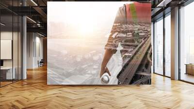 Future building construction engineering project concept with double exposure graphic design. Building engineer, architect people or construction worker working with modern civil equipment technology. Wall mural