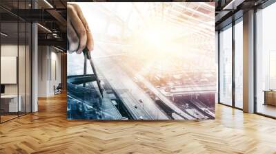 Future building construction engineering project concept with double exposure graphic design. Building engineer, architect people or construction worker working with modern civil equipment technology. Wall mural