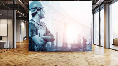 Future factory plant and energy industry concept in creative graphic design. Oil, gas and petrochemical refinery factory with double exposure arts showing next generation of power and energy business. Wall mural