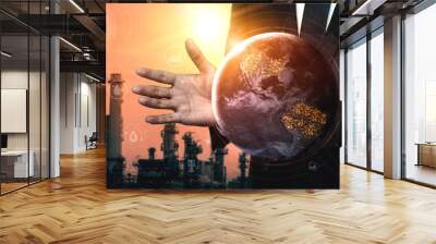 Future factory plant and energy industry concept in creative graphic design. Oil, gas and petrochemical refinery factory with double exposure arts showing next generation of power and energy business. Wall mural