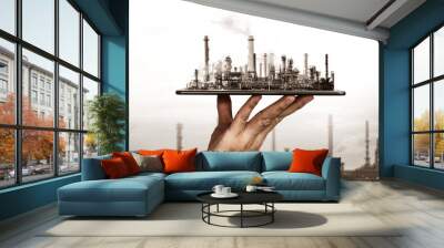 Future factory plant and energy industry concept in creative graphic design. Oil, gas and petrochemical refinery factory with double exposure arts showing next generation of power and energy business. Wall mural