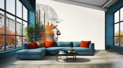 Future factory plant and energy industry devotion concept in creative design. Oil gas and petrochemical refinery factory with double exposure arts showing next generation of power and energy business. Wall mural