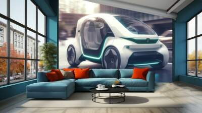 Futuristic electric car driving on urban highway road. distinct generative AI image. Generative AI Wall mural