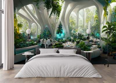 Futuristic indoor botanical garden spectacular design 3D illustration with summer floral and foliage Wall mural