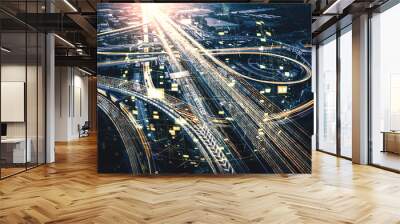 Futuristic road transportation technology with digital data transfer graphic showing concept of traffic big data analytic and internet of things . Wall mural