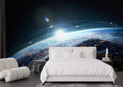 Global network connection covering the earth with lines of innovative perception . Concept of 5G wireless digital connection and future in the internet of things . 3D illustration . Wall mural