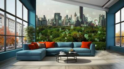 Green city technology shifting towards sustainable alteration concept by clean energy , recycling and zero waste management to reduce pollution generation and achieve ESG goals . Wall mural