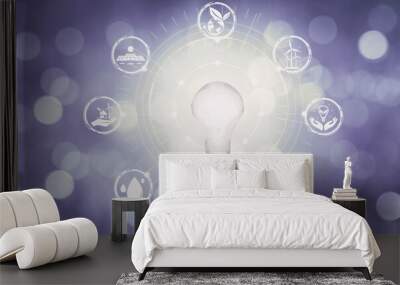 Green energy innovation light bulb with future industry of power generation icon graphic interface. Concept of sustainability development by alternative energy. uds Wall mural