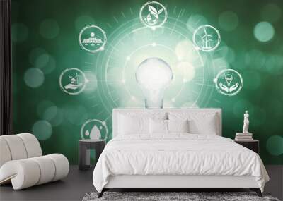 Green energy innovation light bulb with future industry of power generation icon graphic interface. Concept of sustainability development by alternative energy. uds Wall mural