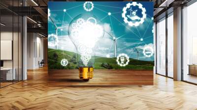 Green energy innovation light bulb with future industry of power generation icon graphic interface. Concept of sustainability development by alternative energy. uds Wall mural