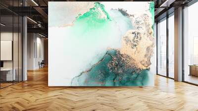 Green gold abstract background of marble liquid ink art painting on paper . Image of original artwork watercolor alcohol ink paint on high quality paper texture . Wall mural