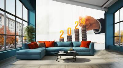 Growth coin stack symbolizing business investment and economic growth. Business people doing financial planning to achieve financial goal and contribute maximum profit on new year 2024 . Shrewd Wall mural