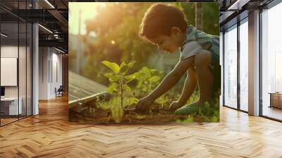 Happy children planting a tree surrounded with solar cell and sitting. Attractive elementary student growing a tree in the garden. Environmental saving world concept. Sustainable energy. AIG42. Wall mural