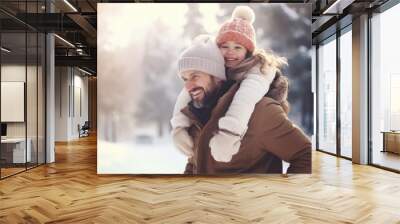 Happy family having fun while travel outdoor in winter enjoying time together comeliness Wall mural