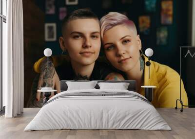 Happy young couple with tattoos and vivid colors short hair in an office. Generative AI AIG21. Generative AI Wall mural